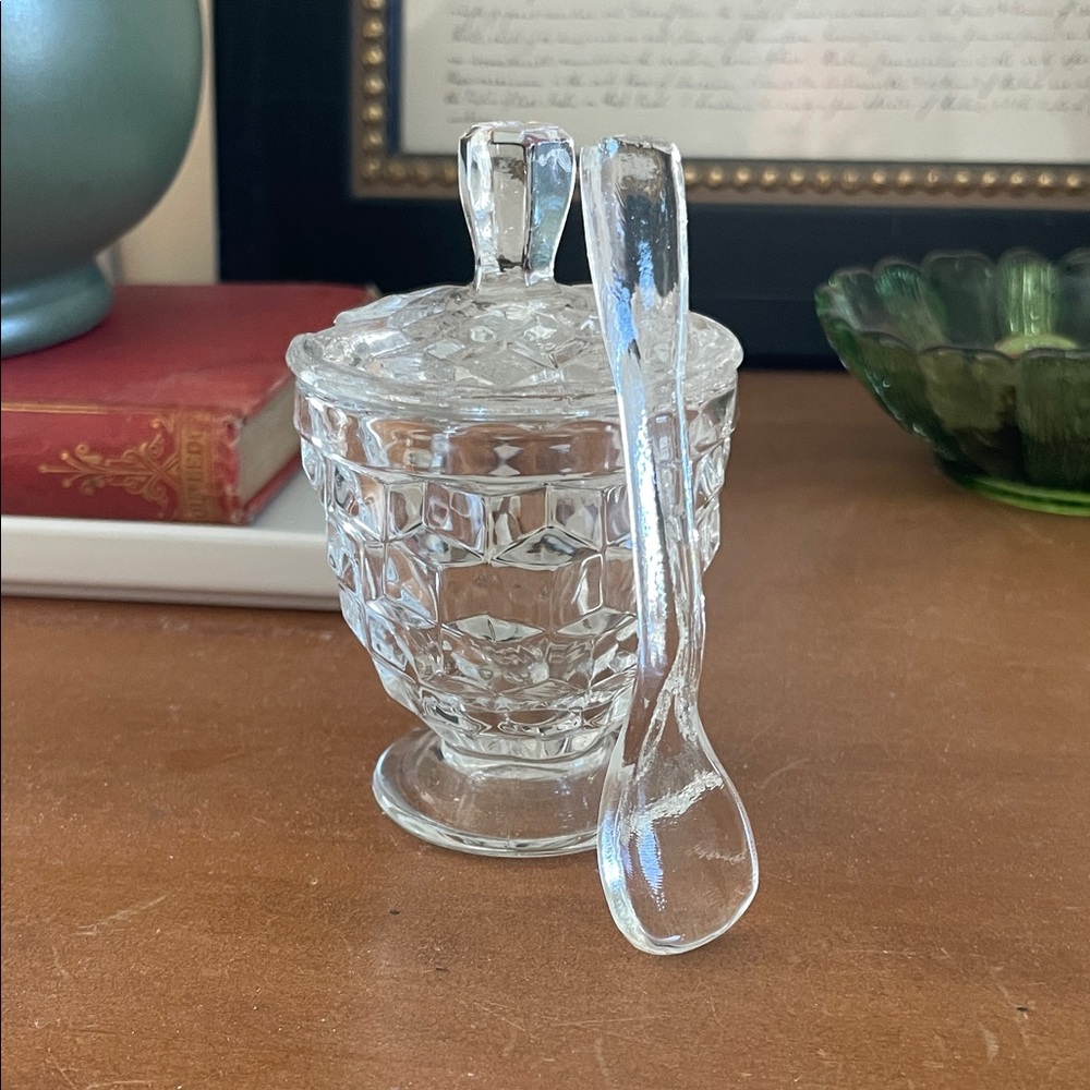 Vintage Fostoria Patterned Glass Mustard Pot with Glass Spoon